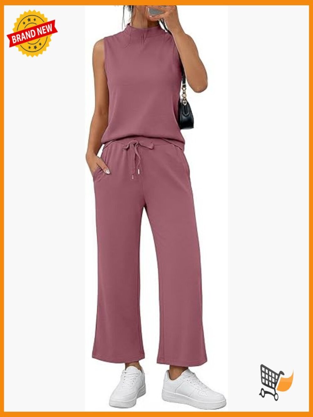 Sleeveless Mock Neck Wide Leg Crop Lounge Set Travel Outfits